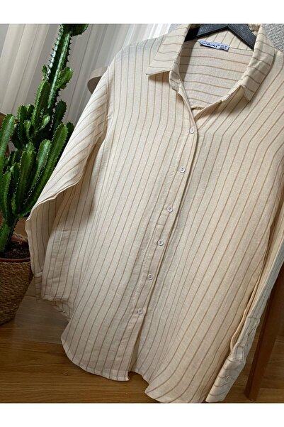 ronox kadin çizgili muslin keten bol kesim gömlek