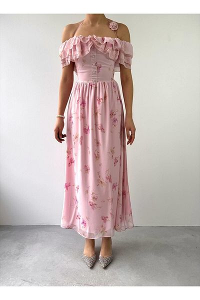 Julidress Ροζ τριαντάφυλλο με κορδόνια με λεπτομέρεια με λουλουδάτο σχέδιο με ελαστική μέση μίντι φόρεμα σιφόν