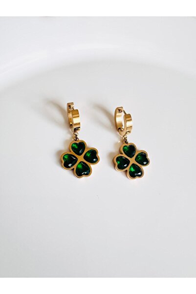 DEVİ fashion Çelik Yeşil Yonca Küpe 3 cm