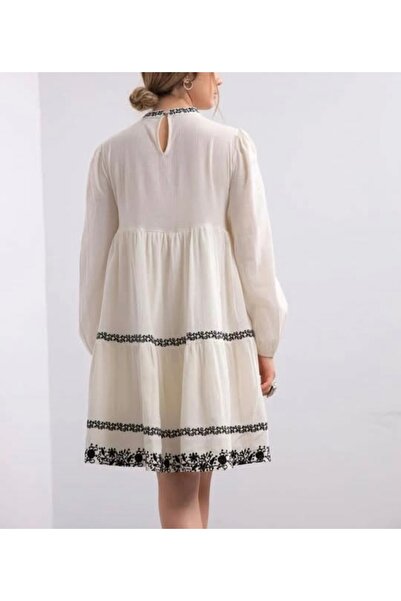 K-ODEA BUTİK Women's Black Floral Bohemian Stylish Embroidery Detailed Mini Dress-Ecru Color