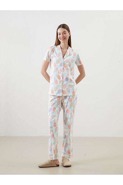 LC Waikiki Lcw Young Ecru Shirt Collar Print Women's Pajamas Set