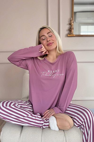 Pijamaevi Powder Ready Patterned Bamboo Long Sleeve Women's Pajama Set