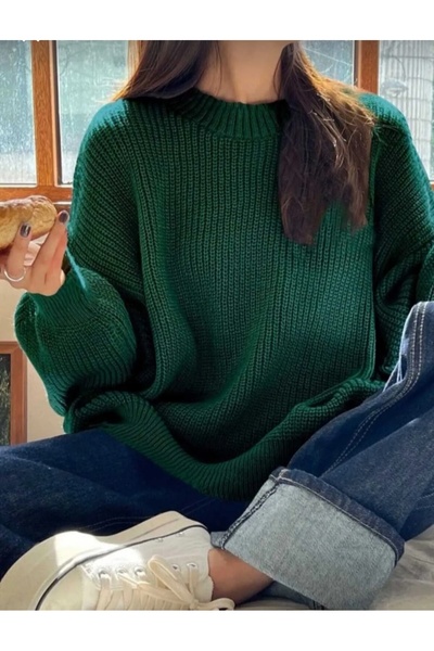 K-ODEA BUTİK YEŞİL Oversize Kadın Bisiklet Yaka Triko Kazak Rahat Kalıp Günlü...