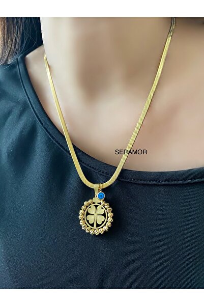 SERAMOR Dorika çerçeveli italyan zincirli 4 yapraklı yonca kolye çelik