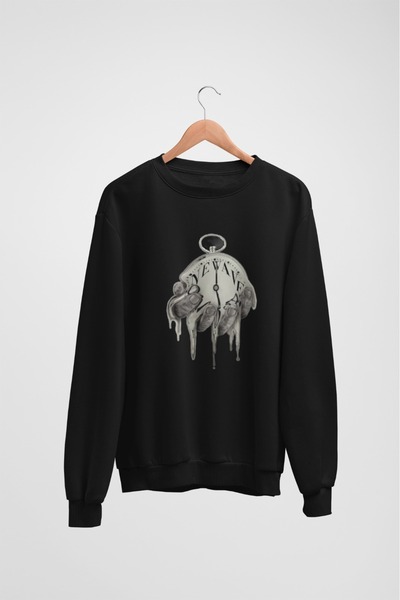 Butik Unisex Long Sleeve 2 Thread Melting Clock Transfer Printed Crew Neck Sw...