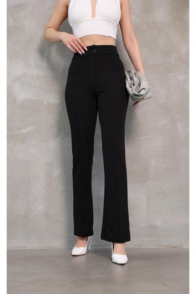 Moda Banuş Black Palazzo Trousers with Striped Buttons, Slim Fit