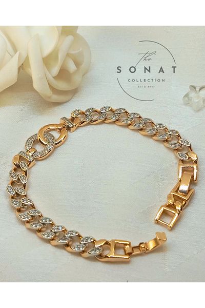 Sonat Collection سوار غورميت ذهبي وردي من الذهب الوردي من سلسلة فيب زوبنغ 19.5 سم مع حجر زركون غير باهت وغير مسبب للحساسية وغير مسبب للبهتان