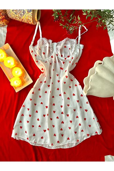 KARAZ New Year's Special Satin Pinterest Model Red Heart White Nightgown,Satin,Baybdol,Hear,Nighty