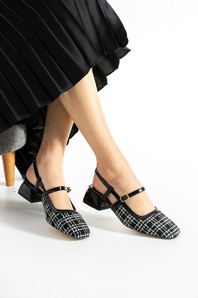 Neva'nın Butiği Tuan Tweed Fabric Thick Heel Daily Women's Heeled Shoes