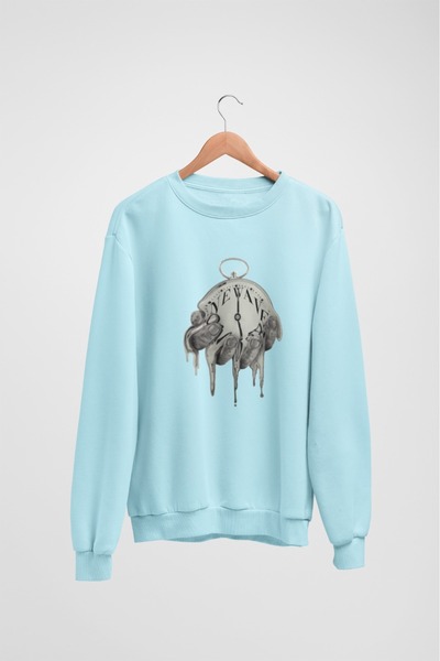 Butik Unisex Long Sleeve 2 Thread Melting Clock Transfer Printed Crew Neck Sw...