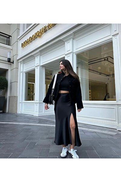 Green'DAL Kadın Saten Etek Yırtmaç Detaylı