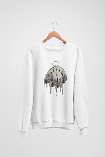 Butik Unisex Long Sleeve 2 Thread Melting Clock Transfer Printed Crew Neck Sw...