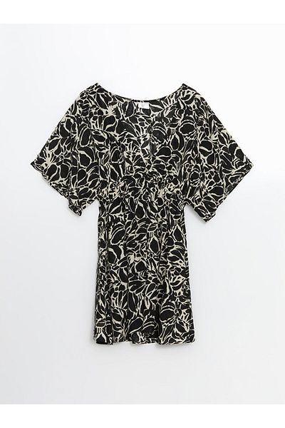 LC Waikiki LCW DREAM Schwarzes, gemustertes Damen-Strandkleid mit V-Ausschnitt