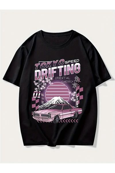 JDM Tricou negru Tokyo Speed ​​JDM Drift Graphic, design retro japonez Street Racing
