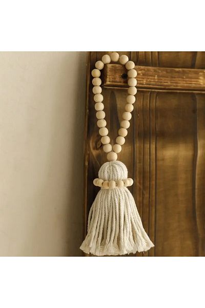 Emtory Home Bohemian Wooden Beaded Decorative Ornament - Bohemian Ornament with Ecru Tassel 1 Piece