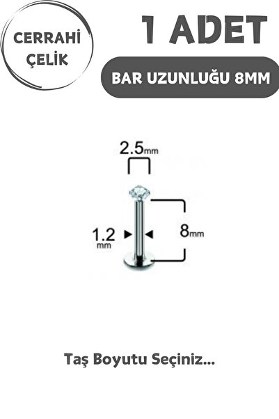Blisse Piercing Cerrahi Çelik 8mm Zirkon Taş Tragus Helix Kulak Kıkırdak Flat Conch Dudak Burun Snake Bites Piercing