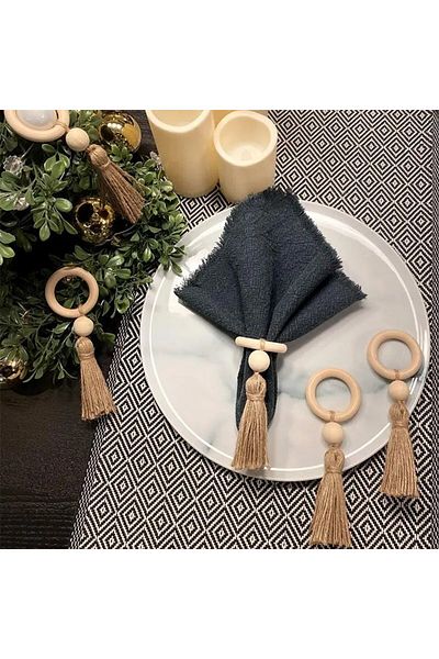 Emtory Home 6 Pieces Wooden Ring Tasseled Napkin Ring - Napkin Ring - Napkin Ring