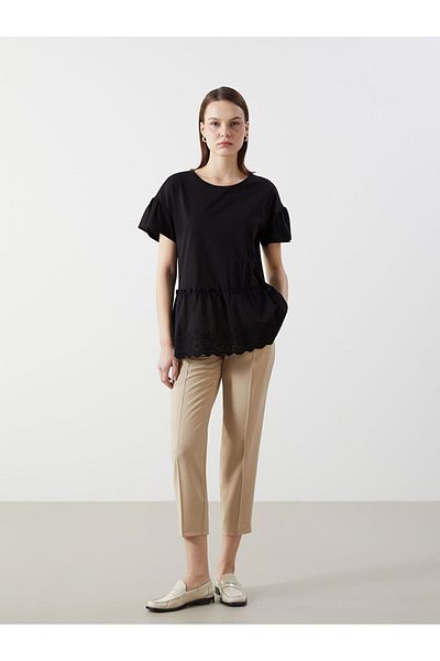 LC Waikiki Lcw Comfort Black Crew Neck Embroidered Women's T-Shirt