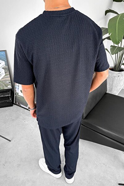HAFKAGİYİM Lacivert Örme Desenli Relaxed Tişört