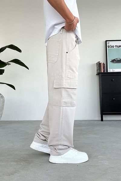 HAFKAGİYİM Κρεμ Λευκή Ραφή Cargo Baggy Παντελόνι