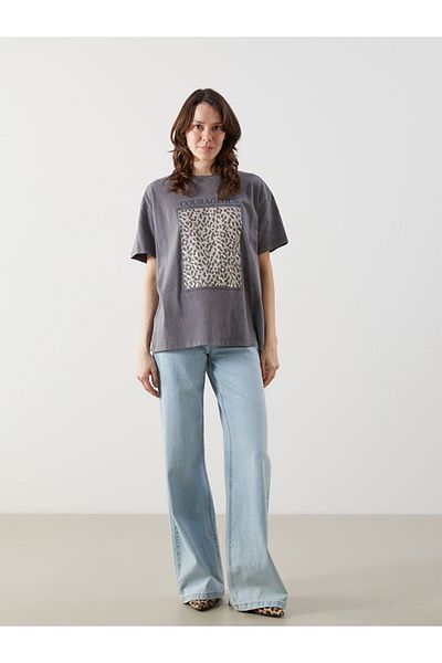 LC Waikiki Lcw Comfort Blue Crew Neck Printed Women's T-Shirt