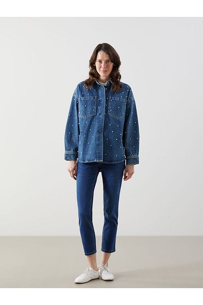 LC Waikiki Tunica de jeans pentru femei LCW Comfort Indigo, cu guler de cămașă, cu margele