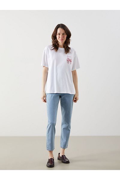 LC Waikiki Lcw Comfort Ecru Crew Neck Printed Women's T-Shirt