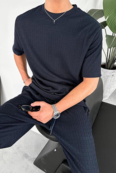 HAFKAGİYİM Lacivert Örme Desenli Relaxed Tişört