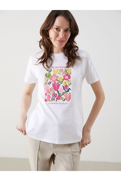 LC Waikiki Γυναικείο μπλουζάκι LCW Comfort White Crew Neck Floral