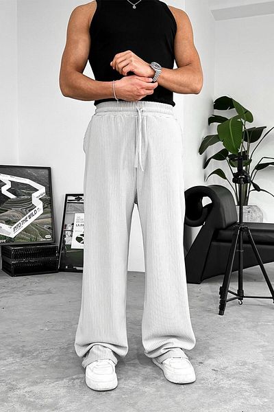 HAFKAGİYİM Γκρι φαρδύ παντελόνι Lycra με ραβδώσεις