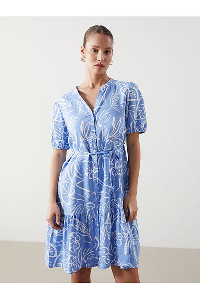 LC Waikiki Lcw Comfort Blue Runaway Collar Print Women's Shirt Dress