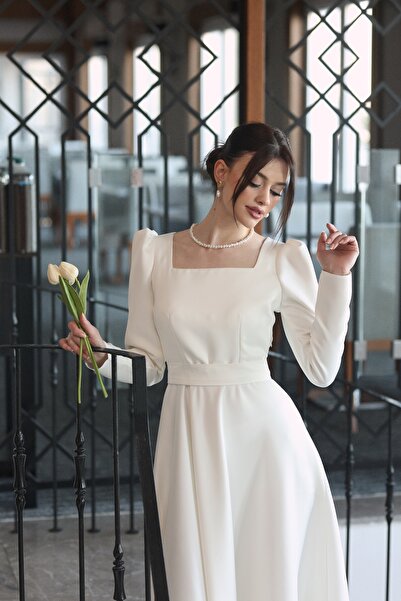 AYŞEYAMAÇLI KADIN BEYAZ KARE YAKA ZARİF ABİYE ELBİSE