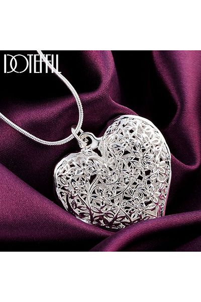 Choice 65cm DOTEFFIL 925 Sterling Silver 18-30 Inch Carved Heart Pendant Snake Chain Necklace For Women Fas