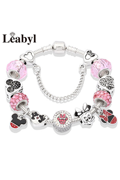 Choice سوار ميني وردي مقاس 20 سم (7.9 بوصة) بتصميم جديد من ديزني مع سحر خرز كريستالي وردي جميل