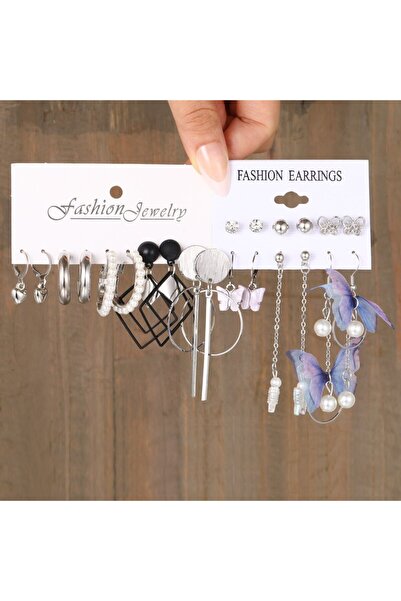 Choice 55830255467725 طقم أقراط نسائي مكون من 11 قطعة على شكل فراشة مربعة هند...