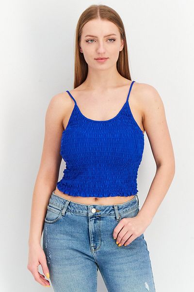 Aqua Women U-neck Sleeveless Ruched Top, Blue