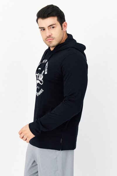 French Connection Men Hooded Long Sleeve Graphic T-Shirt, Navy Blue/White