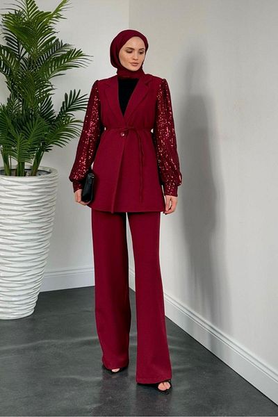 MERVEN AKYÜZ Σετ μπουφάν και παντελόνι Marbella Burgundy Blazer - Μανίκια με πούλιες