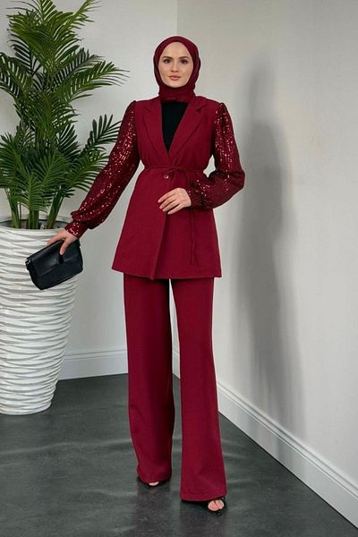 MERVEN AKYÜZ Σετ μπουφάν και παντελόνι Marbella Burgundy Blazer - Μανίκια με πούλιες