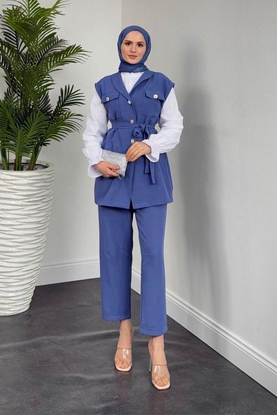 MERVEN AKYÜZ Nicolette Indigo Triple Pants Set