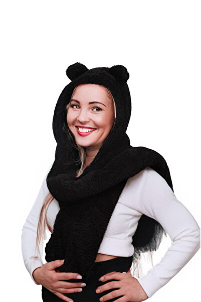 İpek Tekstil Winter Bear Hat Kerchief Versatile Cute Plush Ear Protection Scarf
