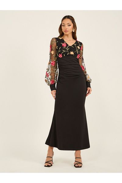 Styli Embroidered Balloon Sleeves Mermaid Hem Maxi Dress
