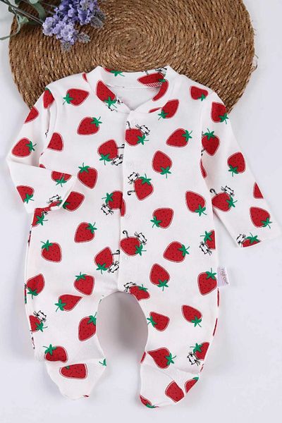 BEREKET BABY 100% Cotton Twill Baby Strawberry Printed Jumpsuit with Booties 0-9 Months
