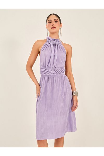 Styli Textured Plisse Sleeveless A-Line Knee Length Dress