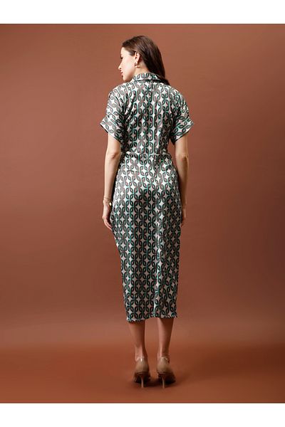 Athena By Styli Printed Satin Shirt Midi Dress with Pleated Detail