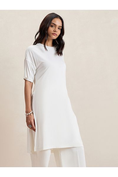 Femmella By Styli Solid Drop Shoulder Knit Longline Top with Slit Detail