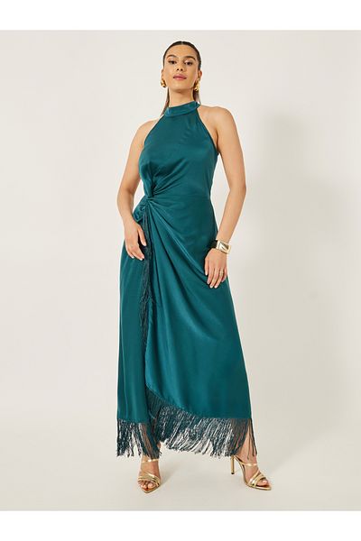 Styli Halter Neck Wrap Style Maxi Dress with Fringe Hem