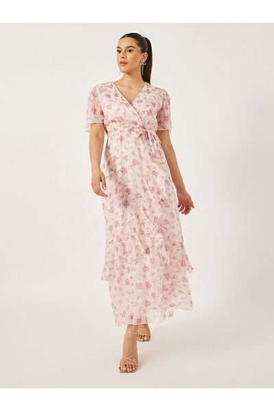 Styli Floral Print V-Neck Wrap Maxi Dress