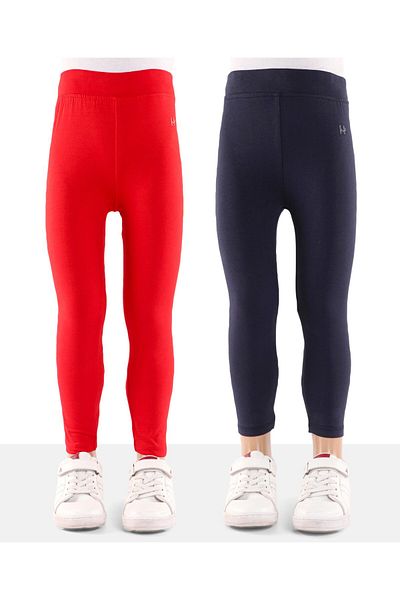 Honeyhap Honeyhap Premium Cotton Elastane Single Jersey Knit Full Length Leggings Solid Pack Of 2-Red & Blue