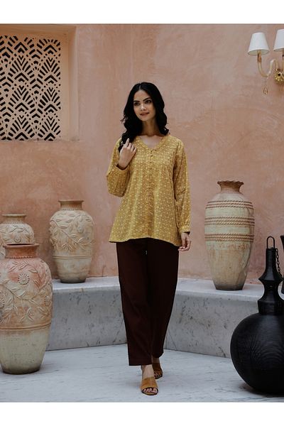 Sanskrutihomes By Styli All-Over Print V-Neck Top with Straight Fit Trousers Co-Ords